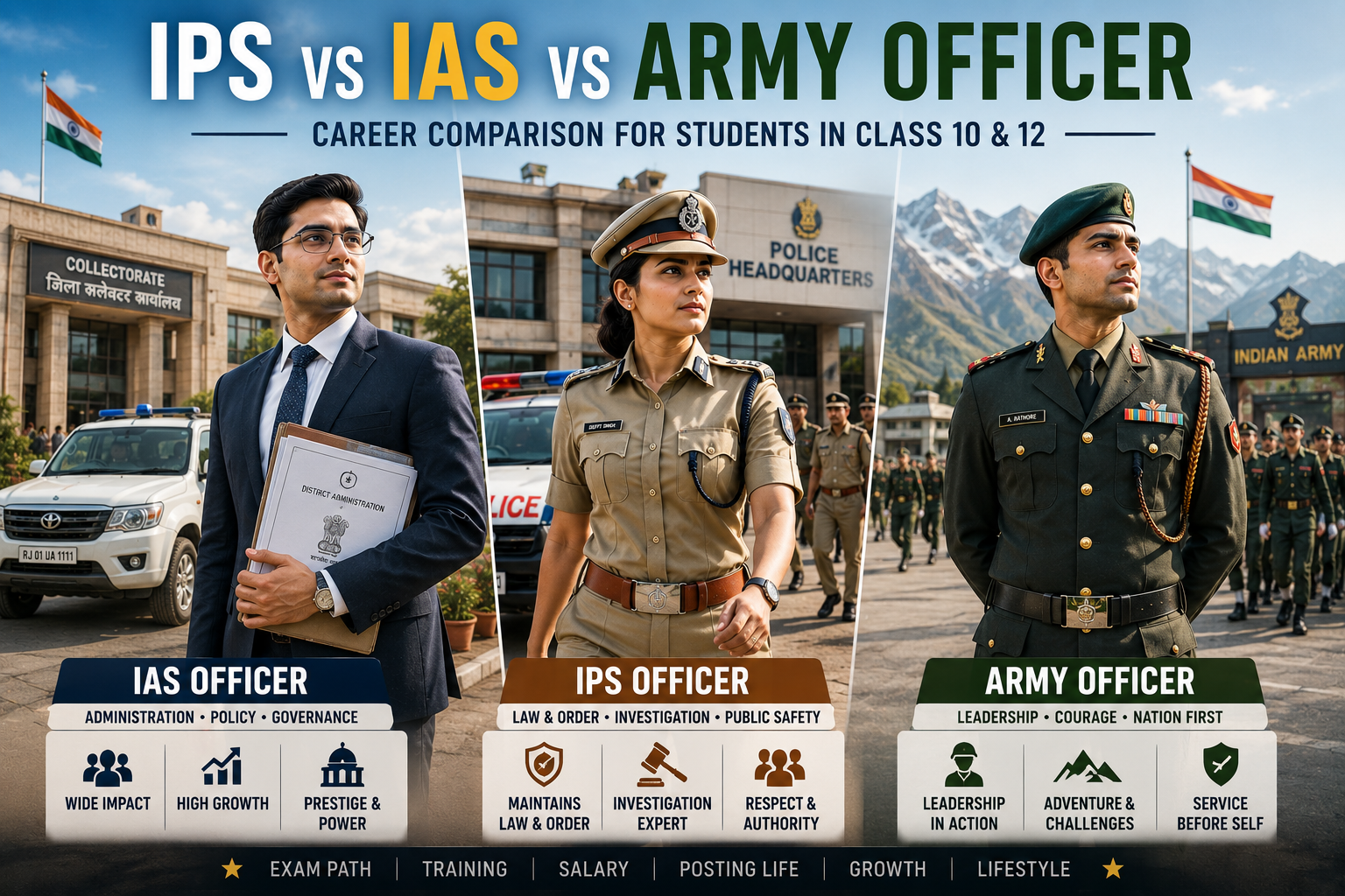 Read more about the article IPS vs IAS vs Army Officer: Career Comparison for Students in Class 10 and 12
