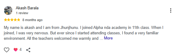 Google Review of Alpha NDA Academy Sikar by Akash Barala