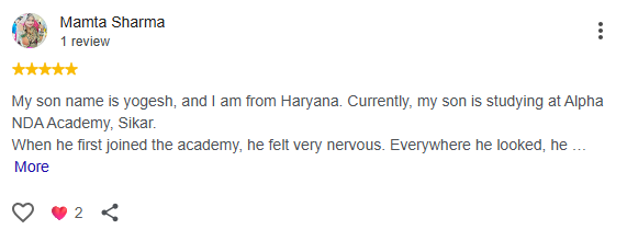 Google Review of Alpha NDA Academy Sikar by Mamta Sharma