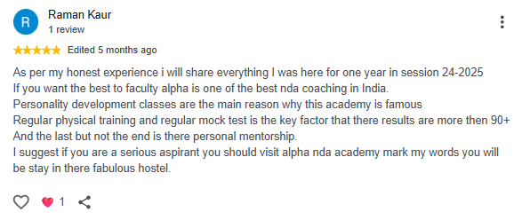 Google Review of Alpha NDA Academy Sikar by Raman Kaur