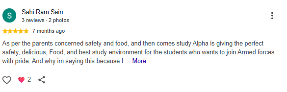 Google Review of Alpha NDA Academy Sikar by Sahi Ram